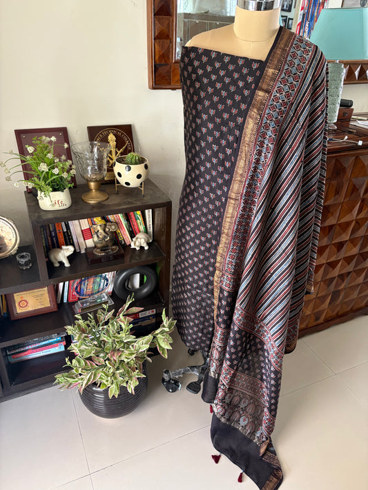 Ajrakh Handblock printed Maheshwari silk cotton top and dupatta set