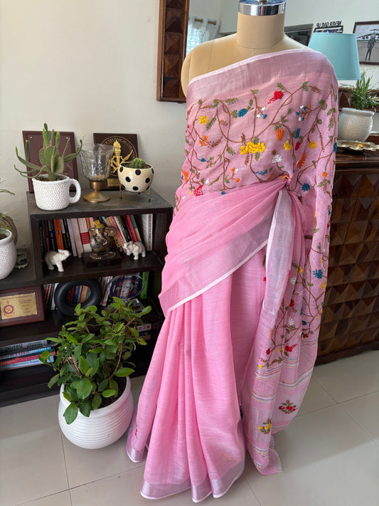 Hand embroidery on linen tissue silk saree