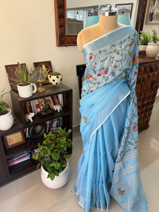 Hand Embroidery on linen tissue silk saree