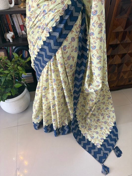 Ajrakh handblock printed patchwork cotton saree