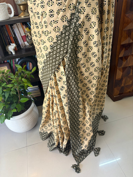 Ajrakh handblock printed patchwork cotton saree