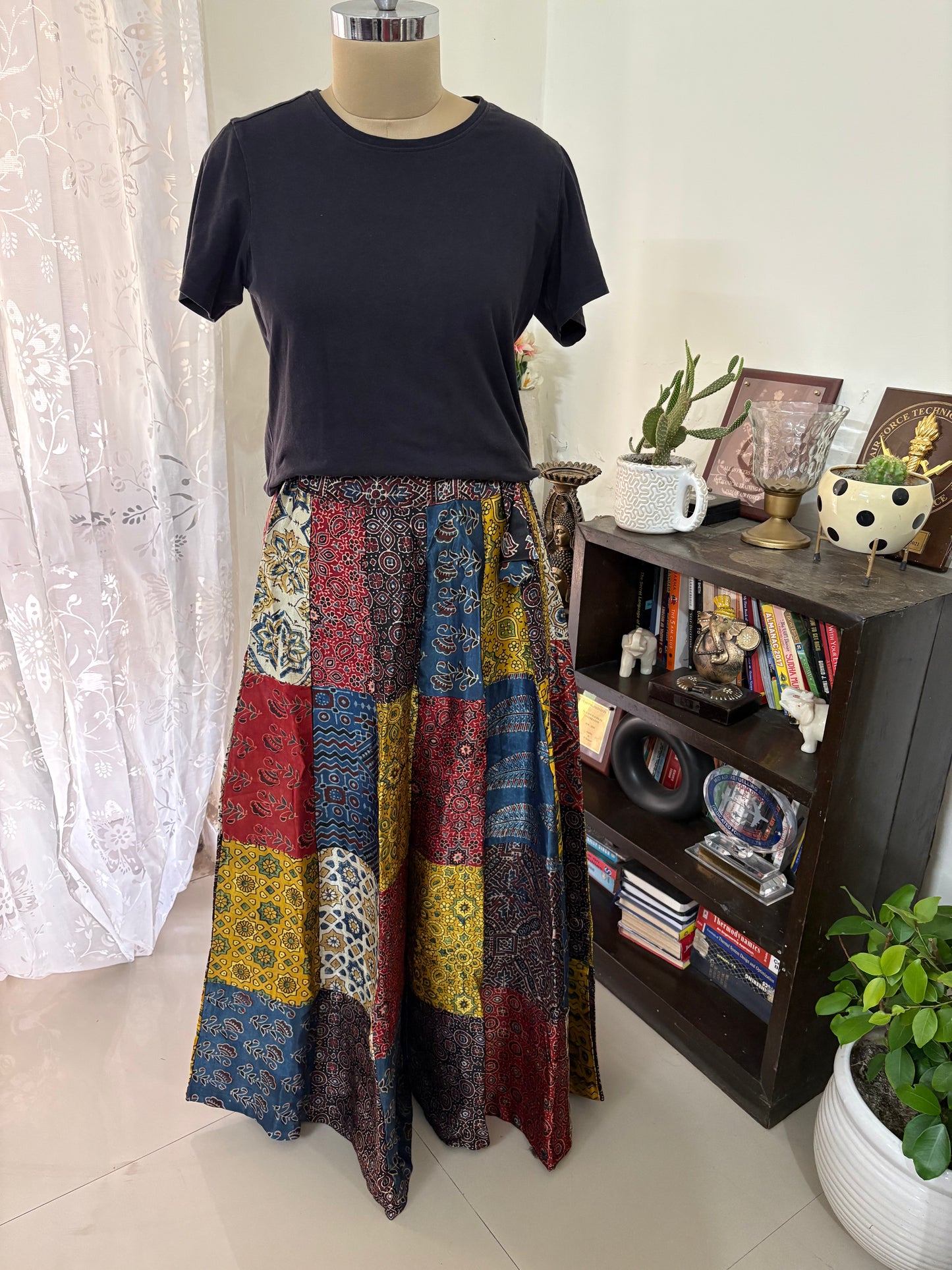 Ajrakh Mashru silk patchwork skirt