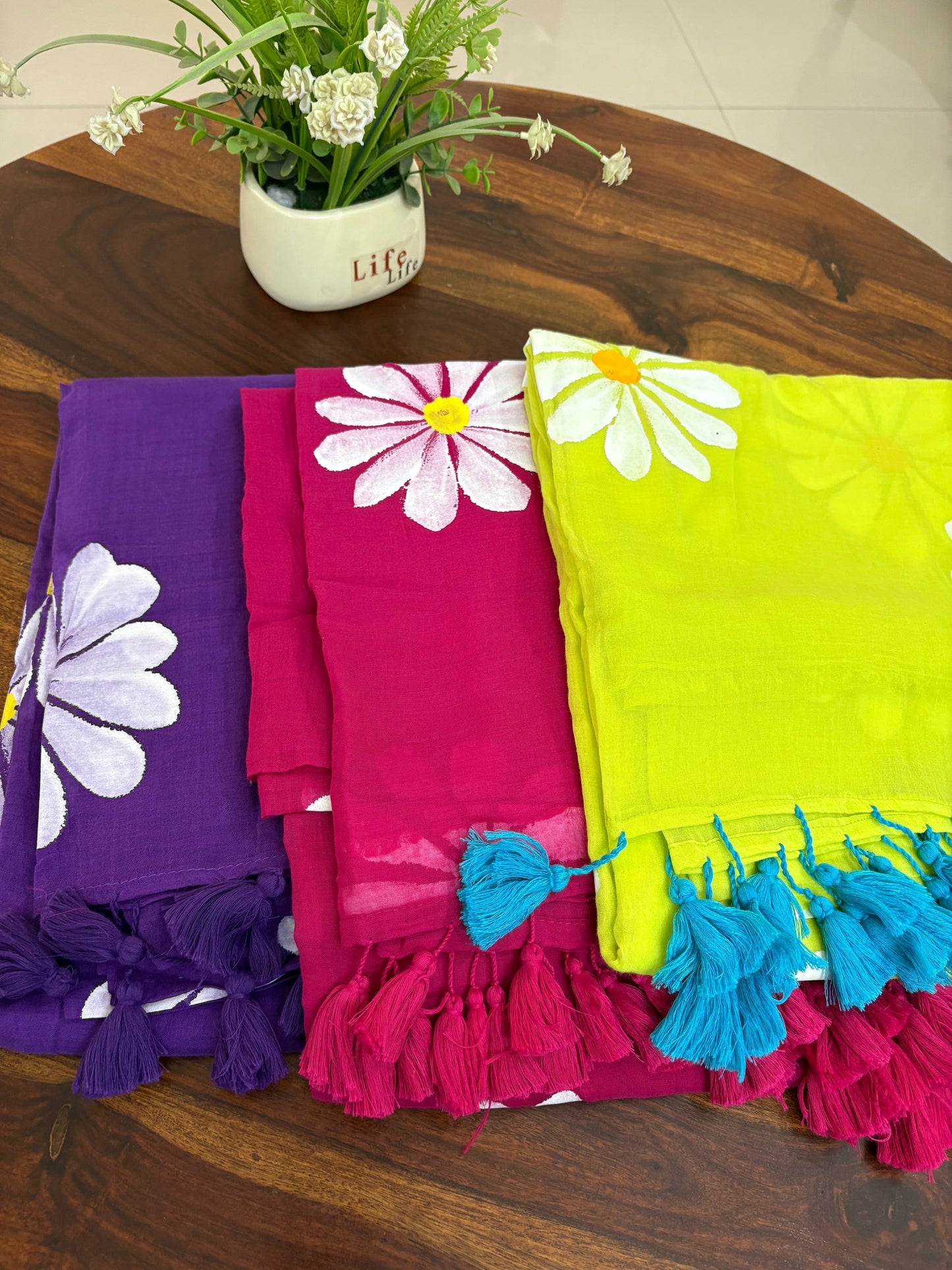 Mul mul cotton hand painted sarees with tazzles -without blouse