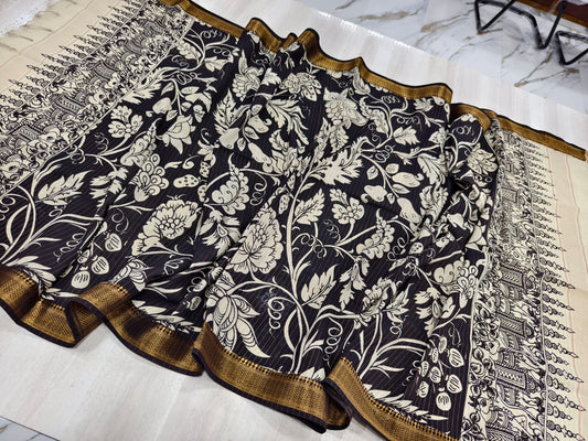 Pen Kalamkari black and cream pattern on Bangalore silk dupatta