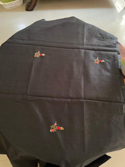 Hand bullion, Kantha with sequence embroidery on semi raw silk saree