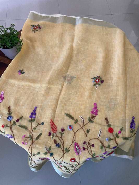 Hand bullion, Kantha, sequence embroidery on linen tissue silk saree.