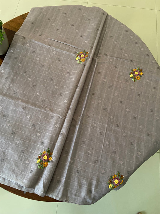 Hand bullion, Kantha , sequence with embroidery on soft saree- light purple.