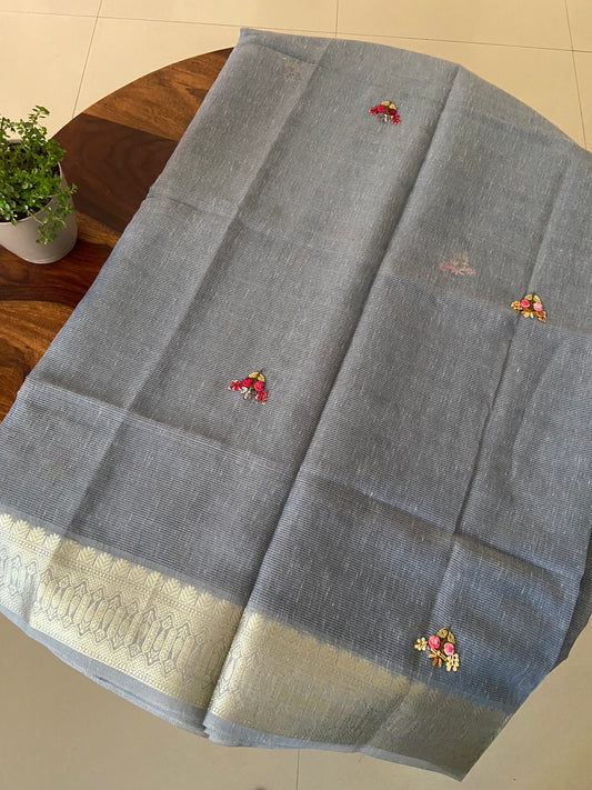 Hand bullion, Kantha, sequence embroidery on Kota tissue silk saree