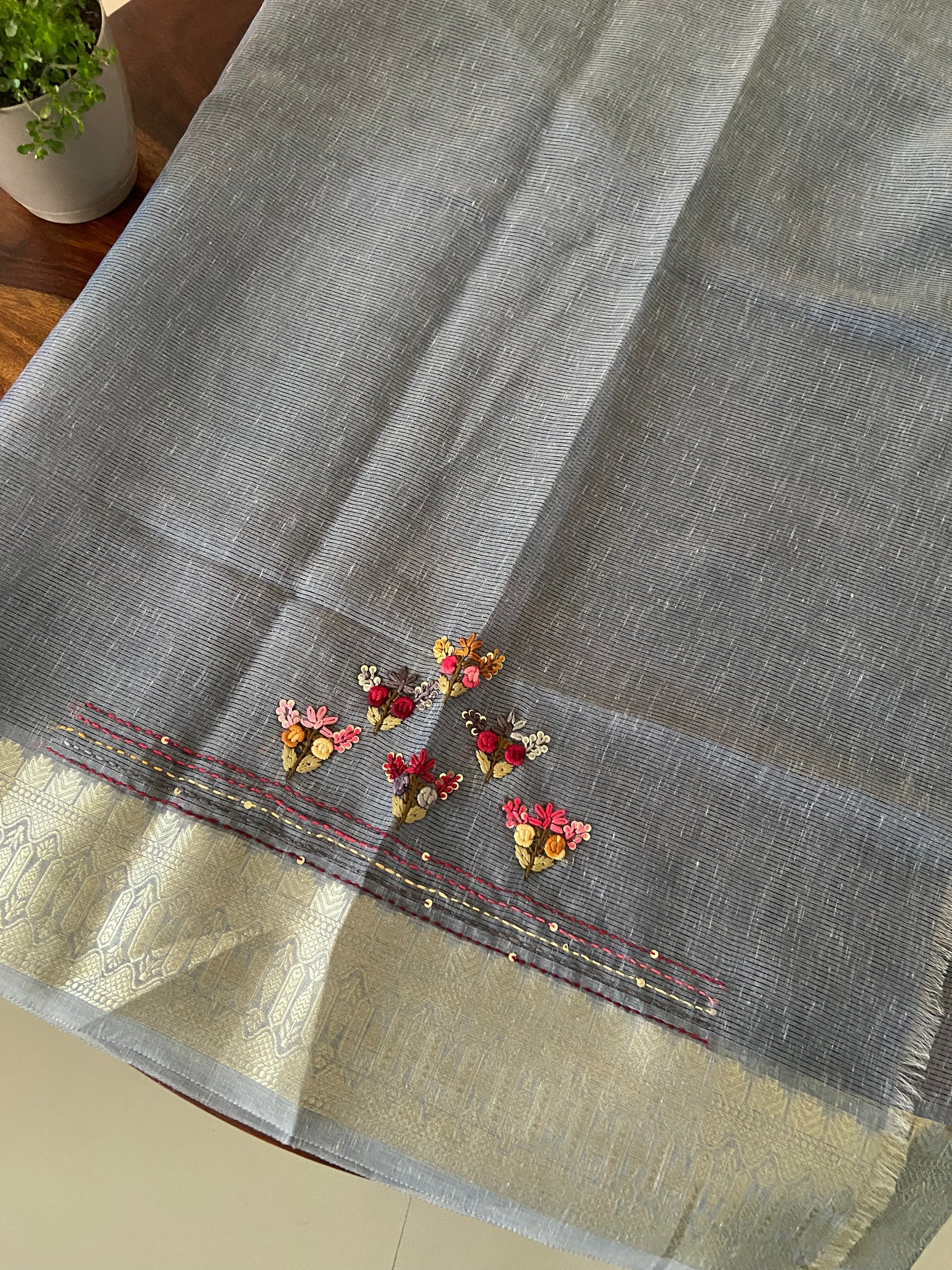 Hand bullion, Kantha, sequence embroidery on Kota tissue silk saree
