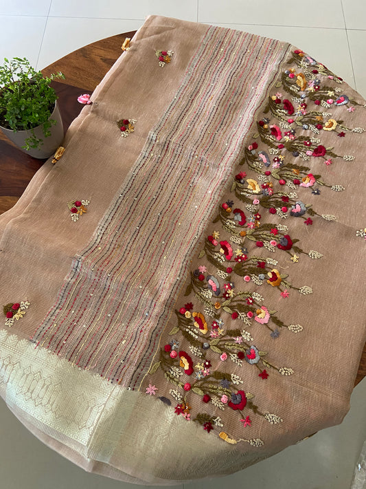 Hand bullion, Kantha, sequence embroidery on Kota tissue silk saree.