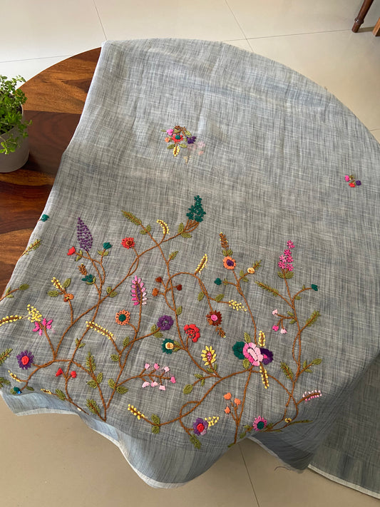 Linen Tissue Silk saree with Hand bullion embroidery