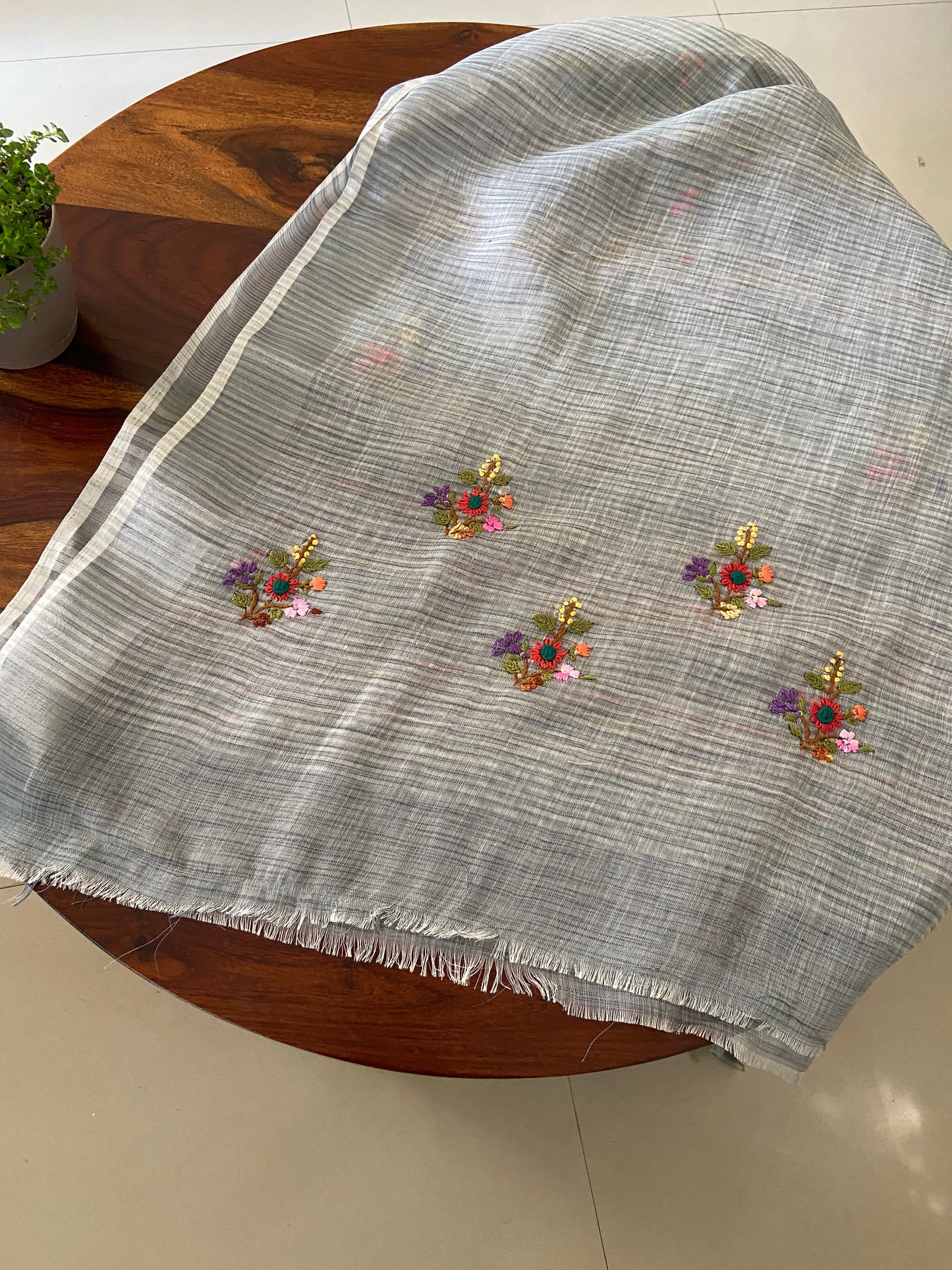 Linen Tissue Silk saree with Hand bullion embroidery