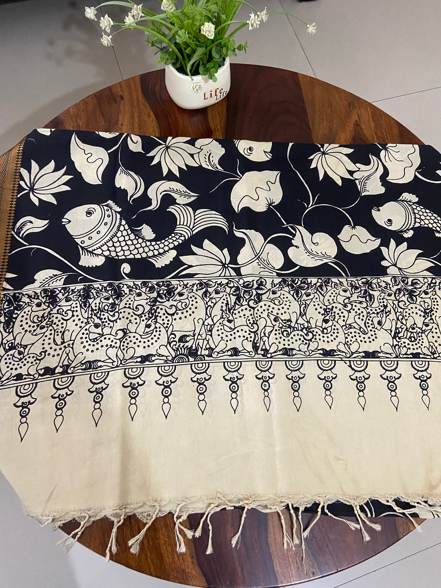 Pen Kalamkari on Bangalore silk dupatta