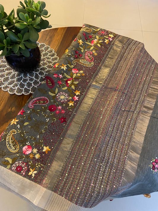 Hand Embroidery on Linen Tissue Silk saree