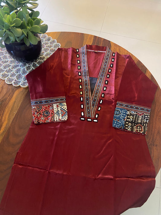 Ajrakh mashru silk hand mirror work Kurti