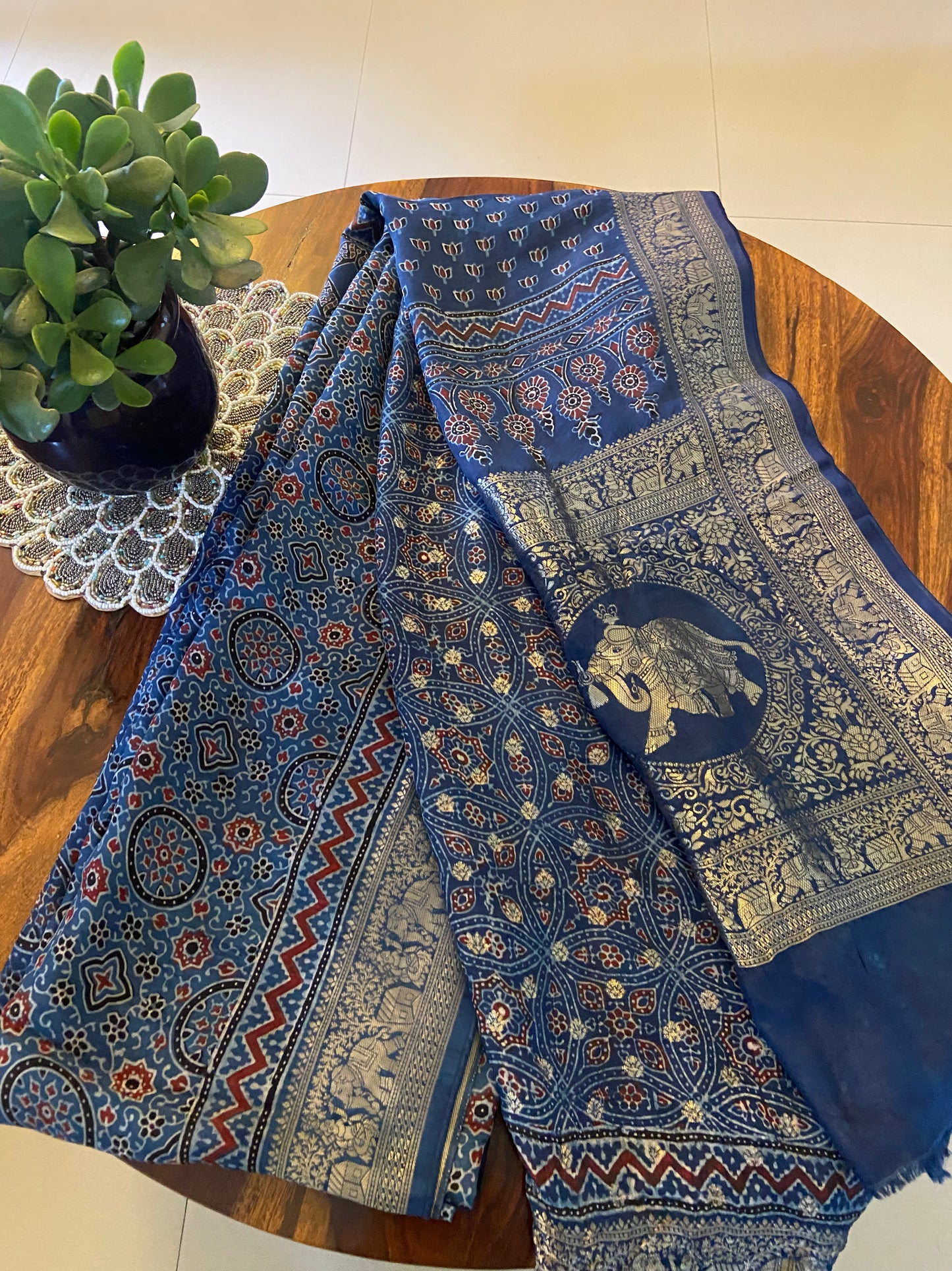 Ajrakh Hand block printed Dola silk saree