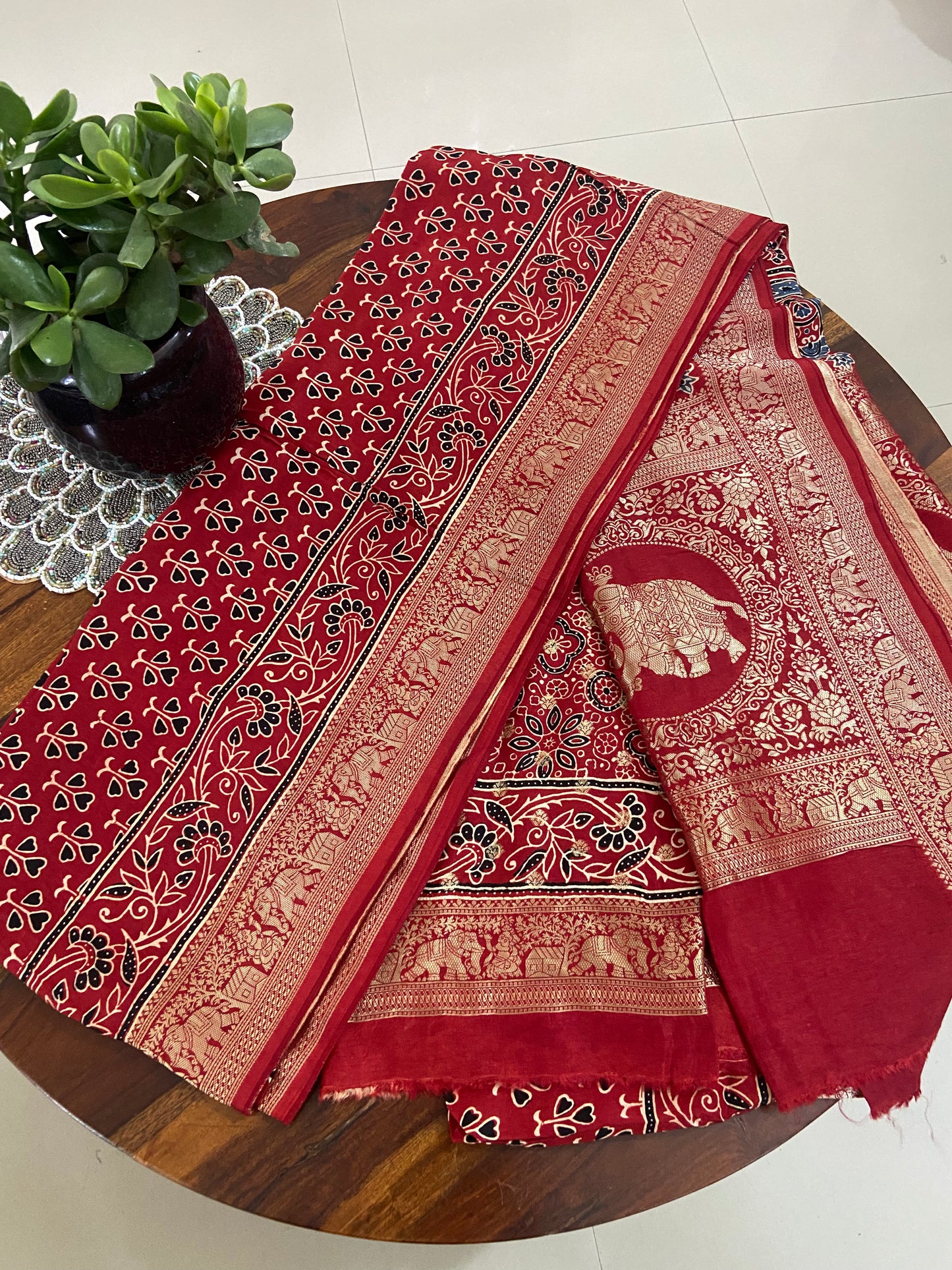 Ajrakh Handblock printed Dola silk saree