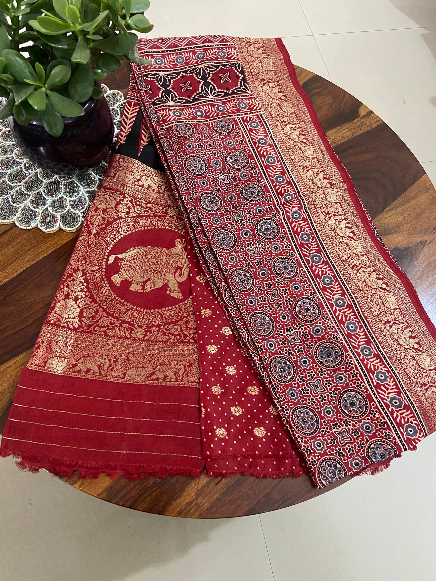 Ajrakh Dola Silk saree with brocade blouse