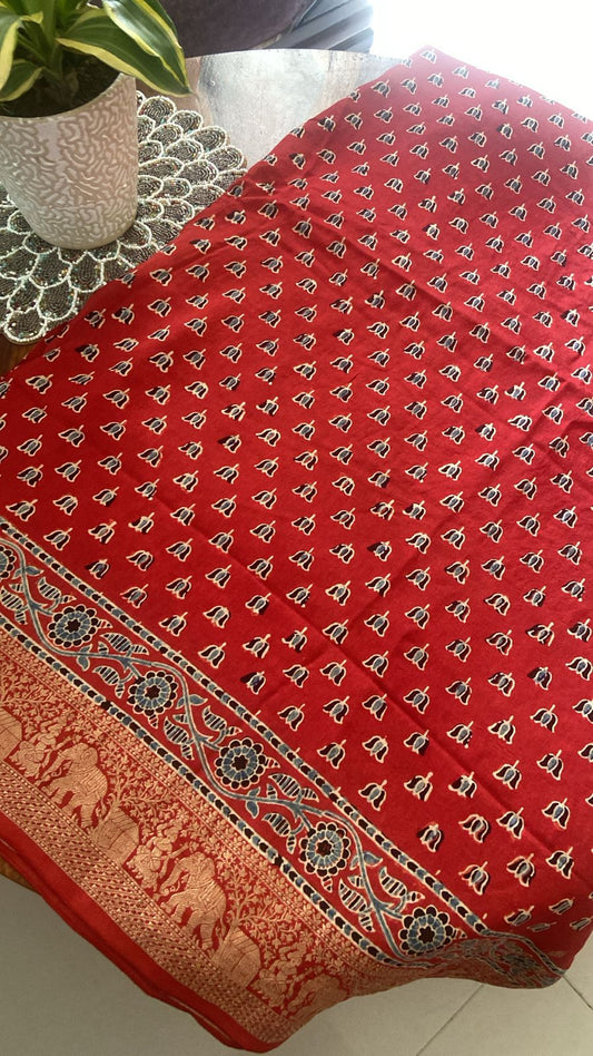Ajrakh Dola Silk Handmade saree