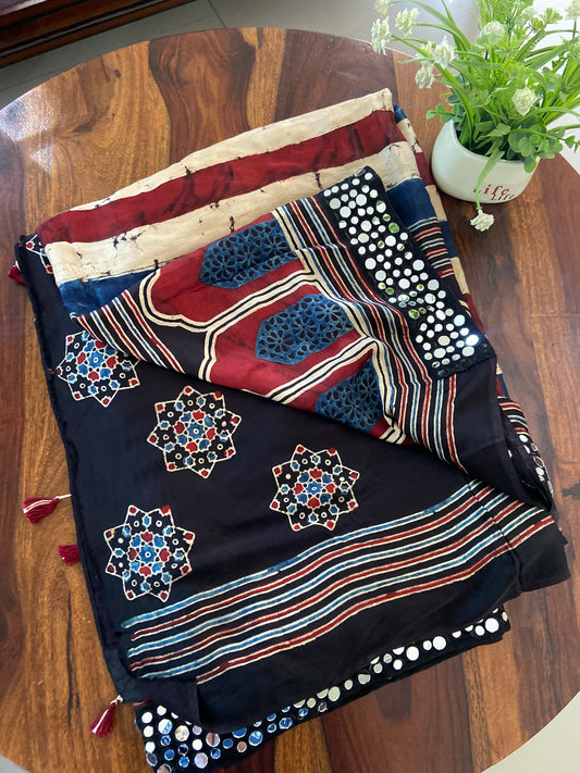 Ajrakh Modal Silk Saree with mirror border