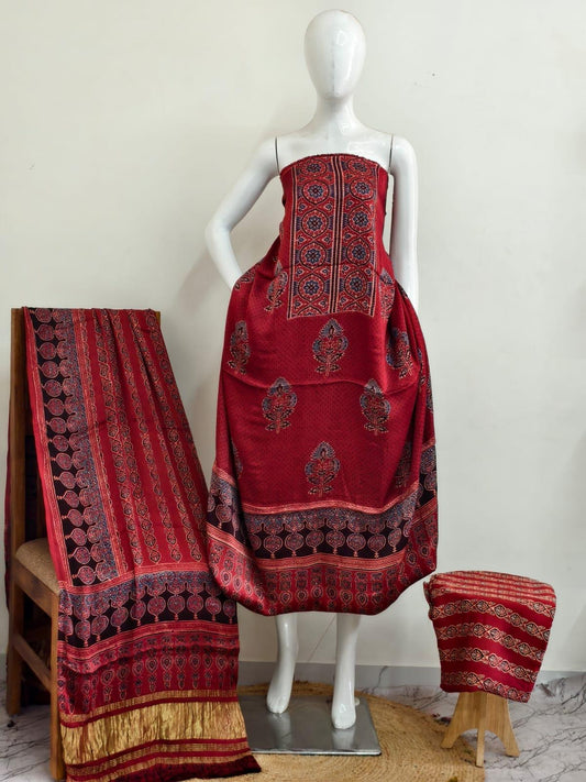 Ajrakh modal silk 3 piece suit set- natural dye