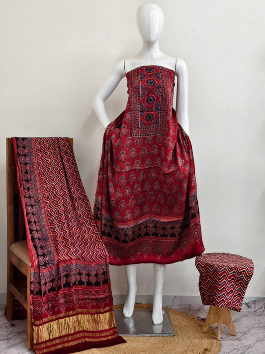 Ajrakh modal silk 3 piece suit set- natural dye
