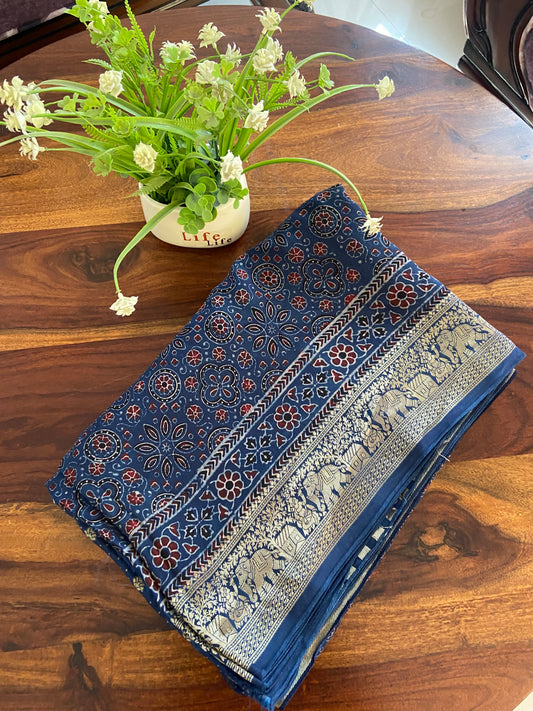 Handblock printed Ajrakh Dola silk saree natural dye