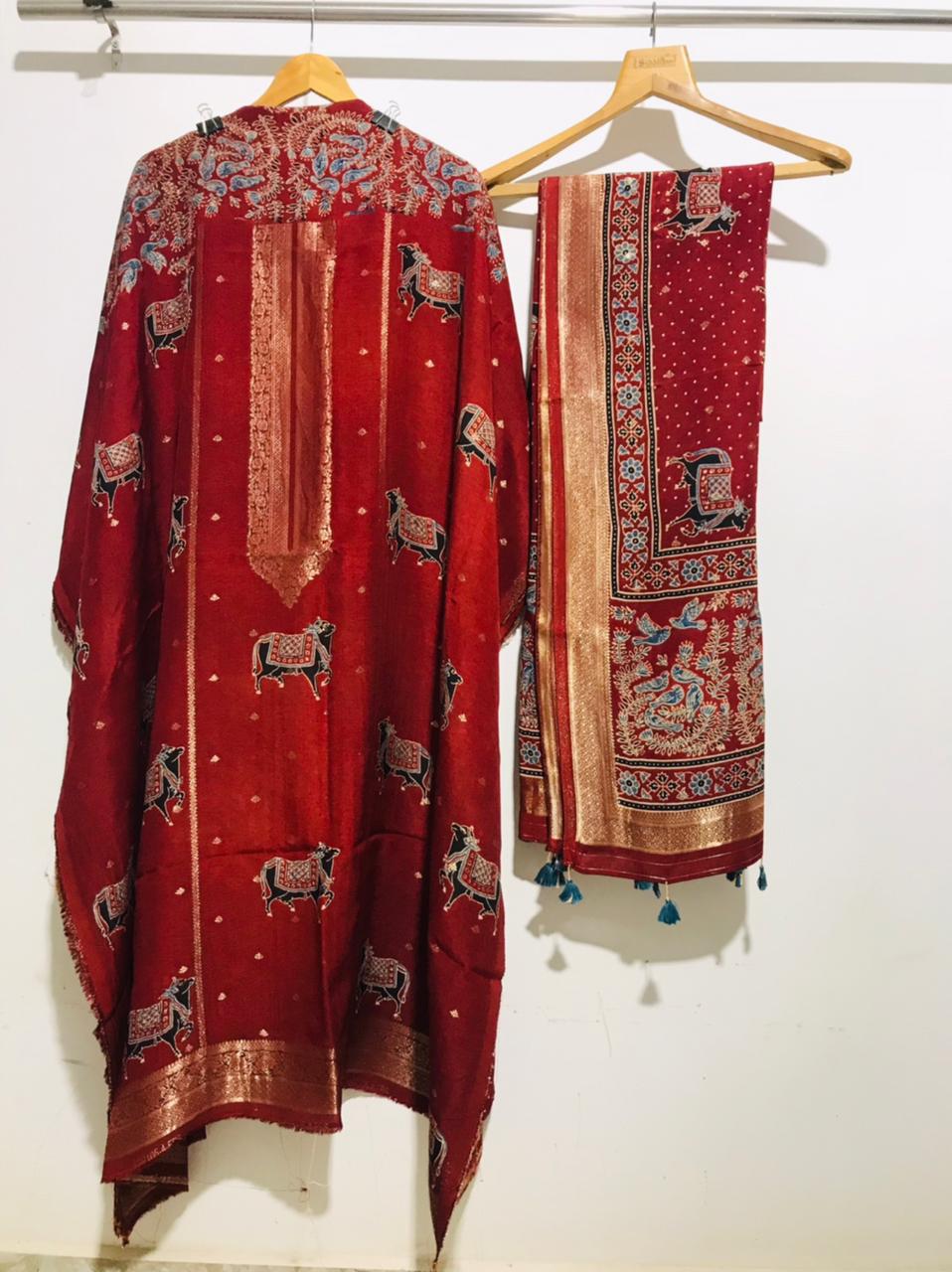 Ajrakh Dola Silk Top and Dupatta set