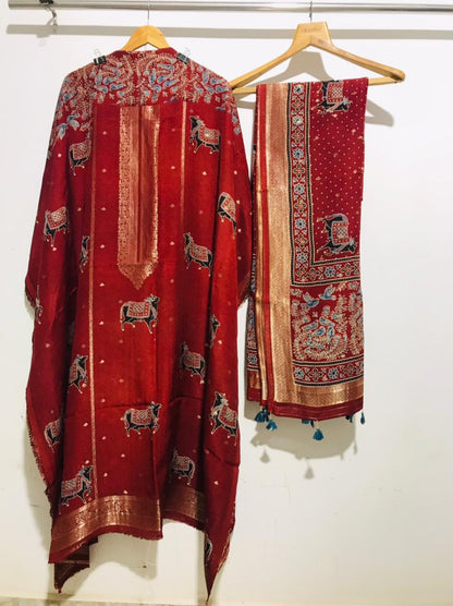 Ajrakh Dola Silk Top and Dupatta set