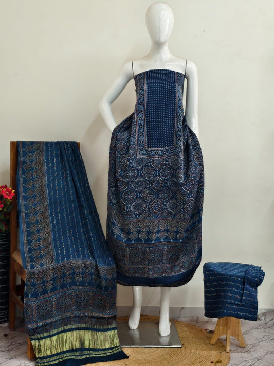 Ajrakh Modal silk 3 piece suit set - natural dye