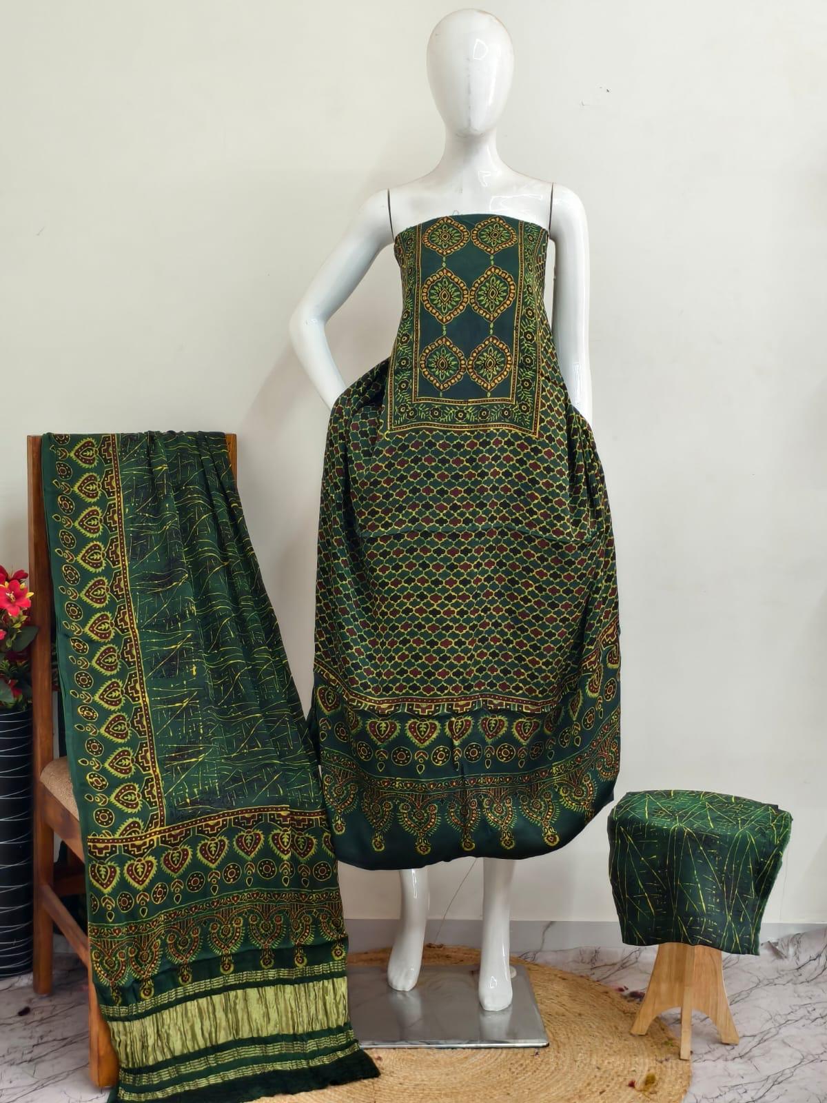 Ajrakh modal silk 3 piece suit set - natural dye