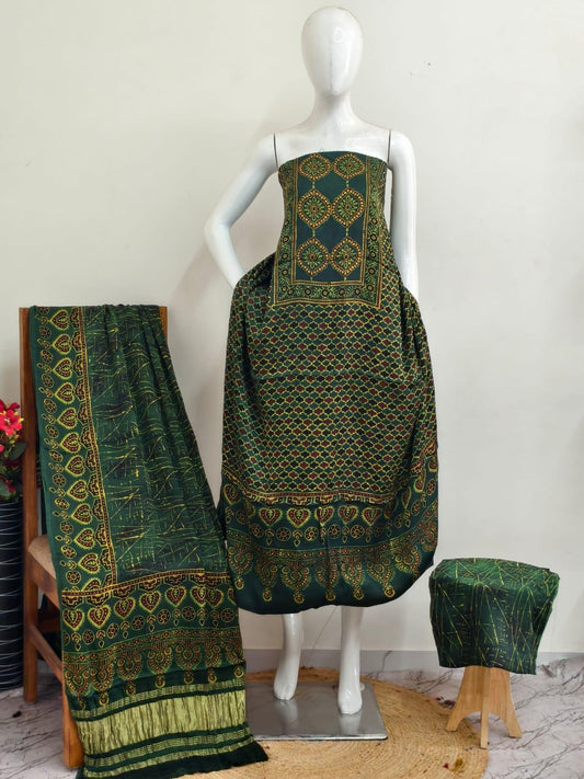 Ajrakh modal silk 3 piece suit set - natural dye