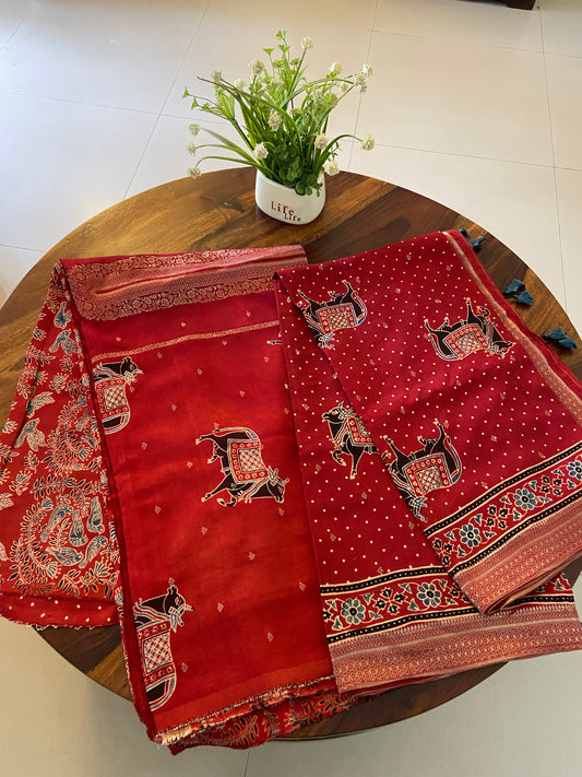 Ajrakh Dola Silk Top and Dupatta set