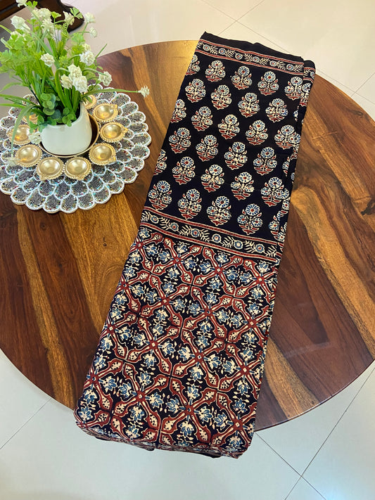 Ajrakh Handblock printed modal silk saree with natural dye( Made to Order)