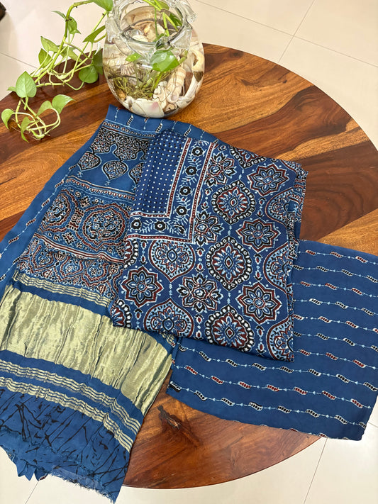 Ajrakh Modal silk 3 piece suit set - natural dye