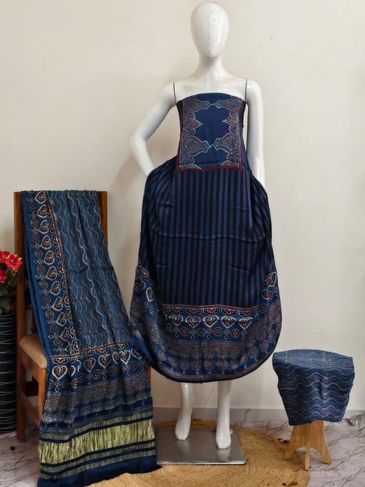 Ajrakh modal silk 3 piece suit set - natural dye