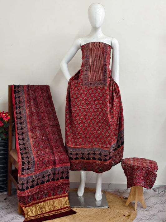 Ajrakh modal silk 3 piece suit set - natural dye