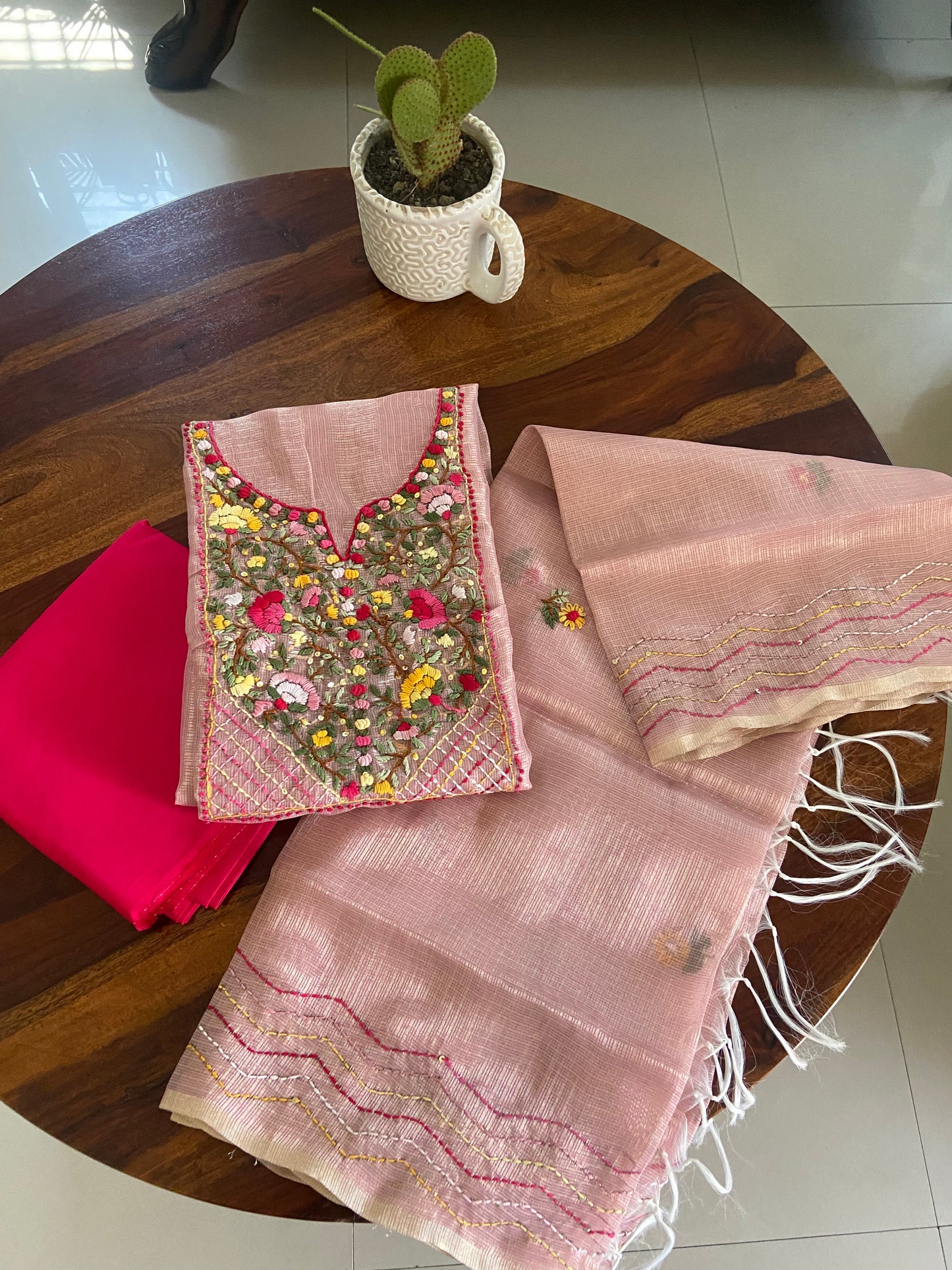 Hand Embroidery on Kota tissue silk suit top and dupatta with cotton bottom( pink)