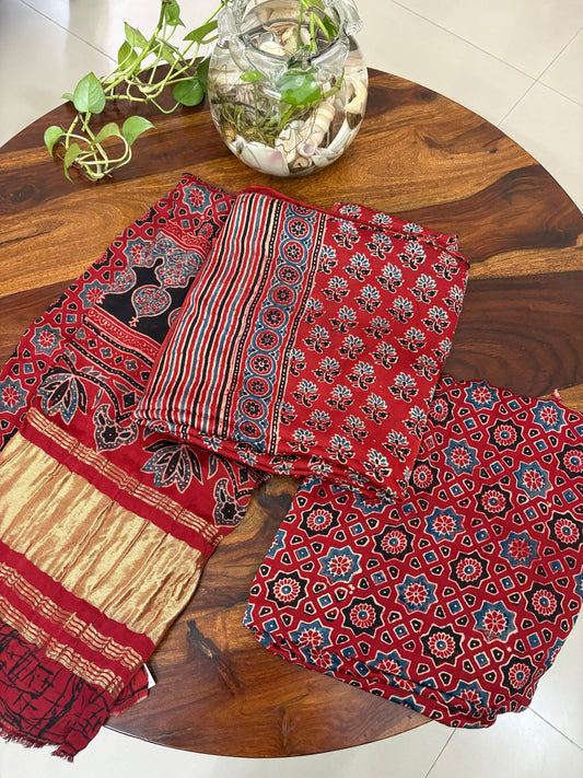 Ajrakh modal silk 3 piece suit set - natural dye