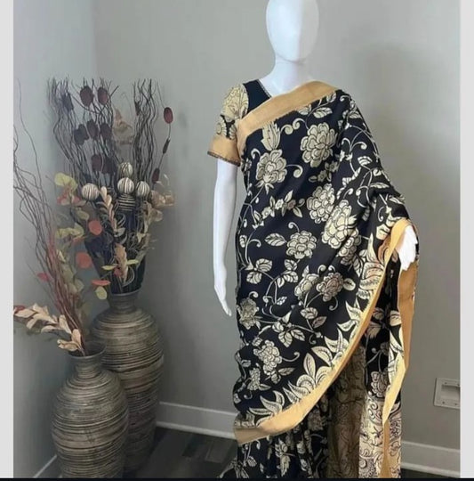 Pen Kalamkari saree on Bangalore silk black and cream with nizam border ( Made to Order)