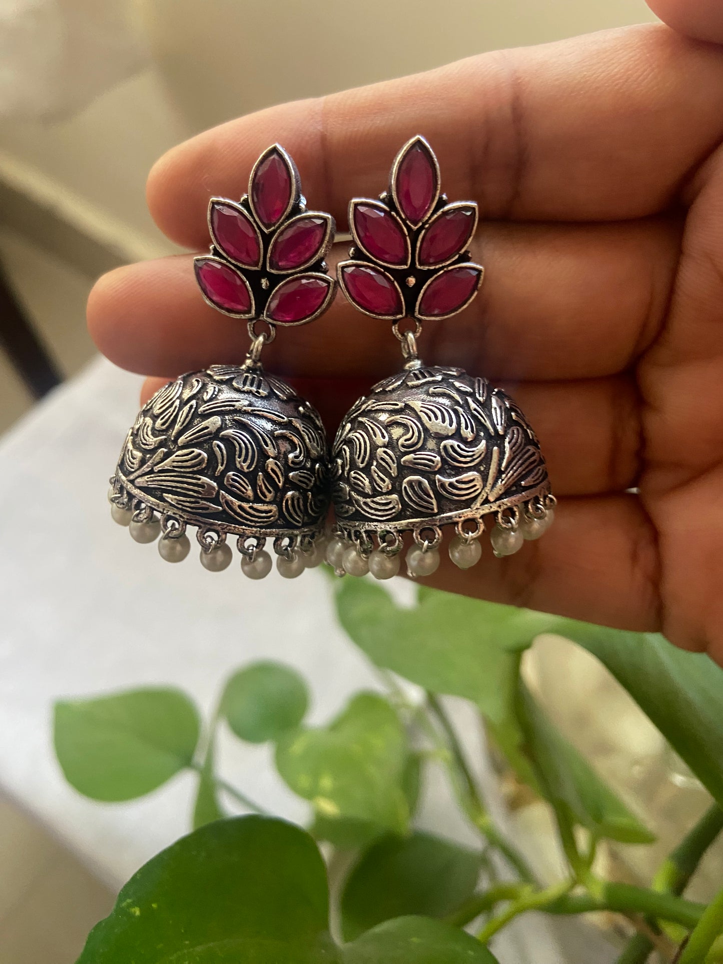 Stone stud with brass Jhumka