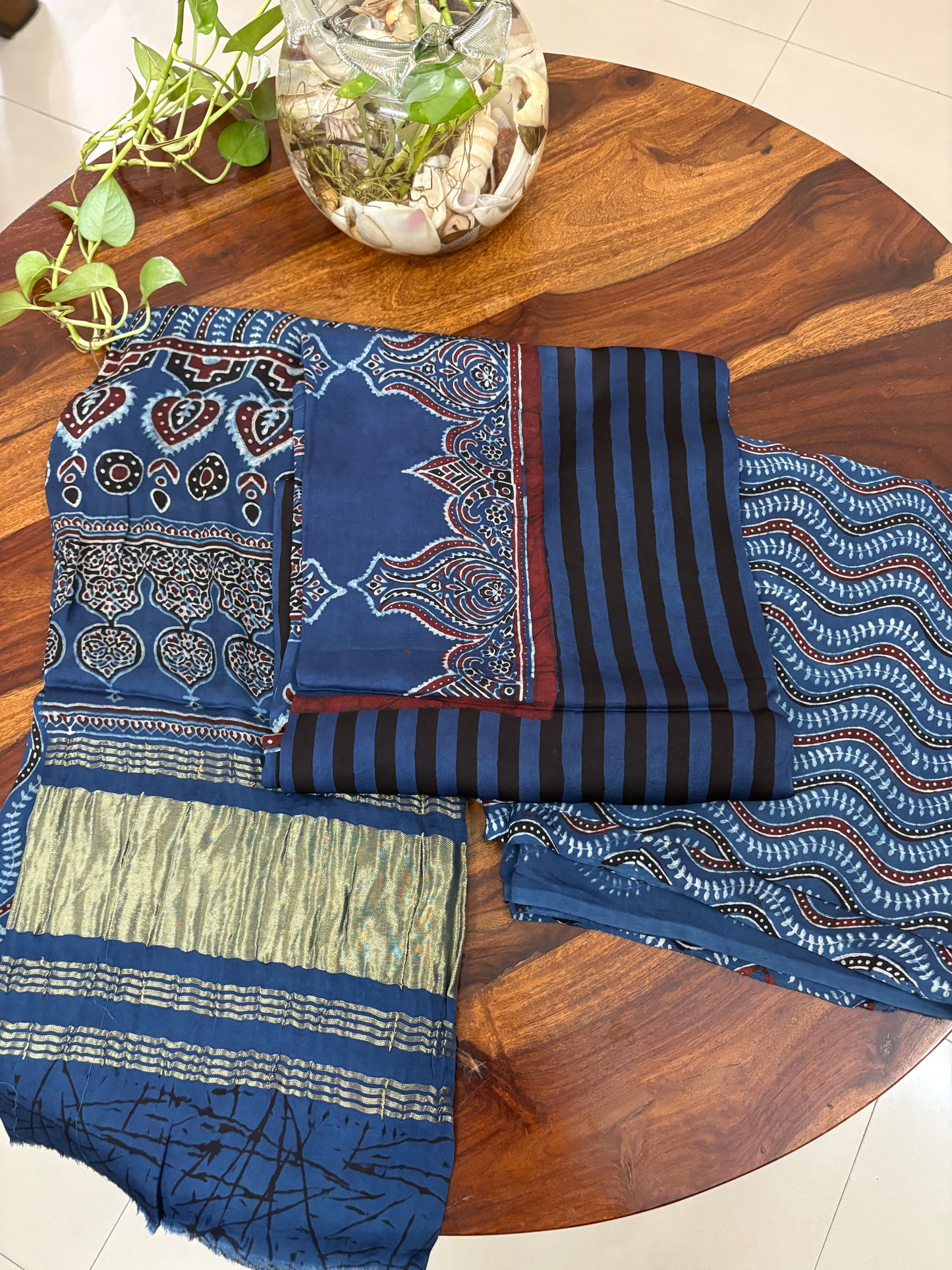 Ajrakh modal silk 3 piece suit set - natural dye