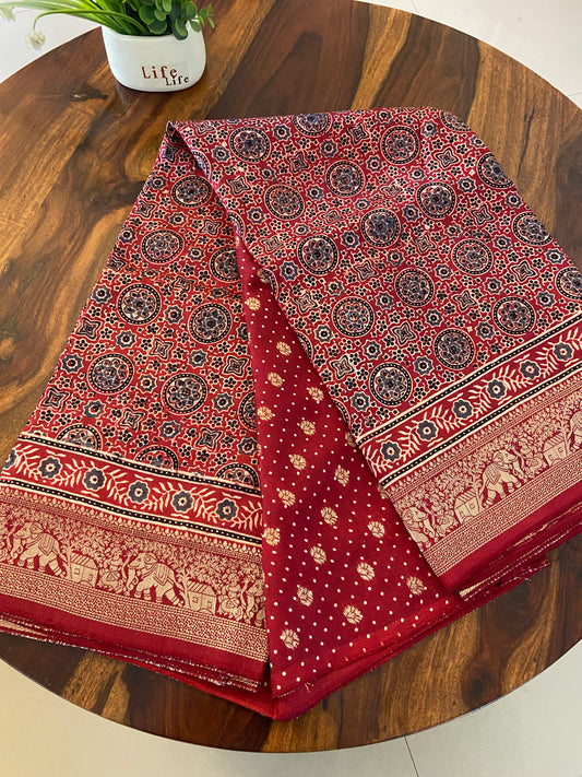 Ajrakh Dola Silk saree with brocade blouse