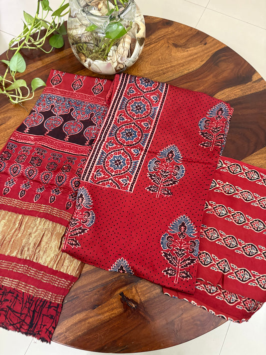 Ajrakh modal silk 3 piece suit set- natural dye
