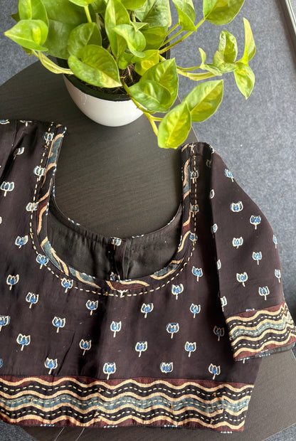 Ajrakh hand block print modal silk blouse