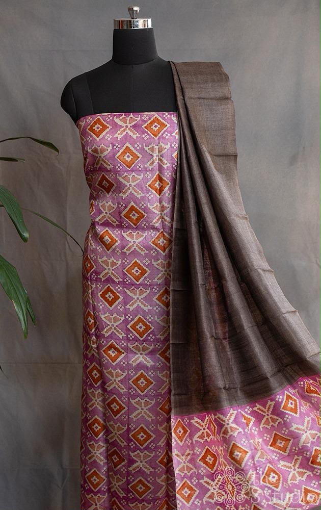 Pure Tussar silk Handblock printed Unstitched Top and Dupatta set.