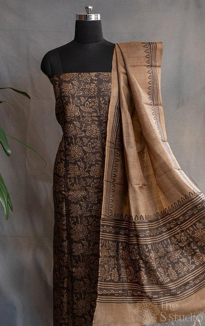 Pure Tussar silk Hand Block print Unstitched suit