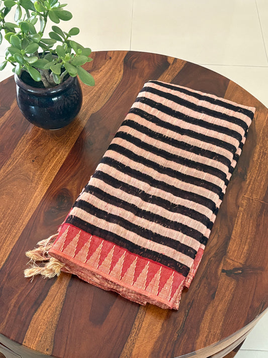 Linen Ajrakh Handblock printed saree