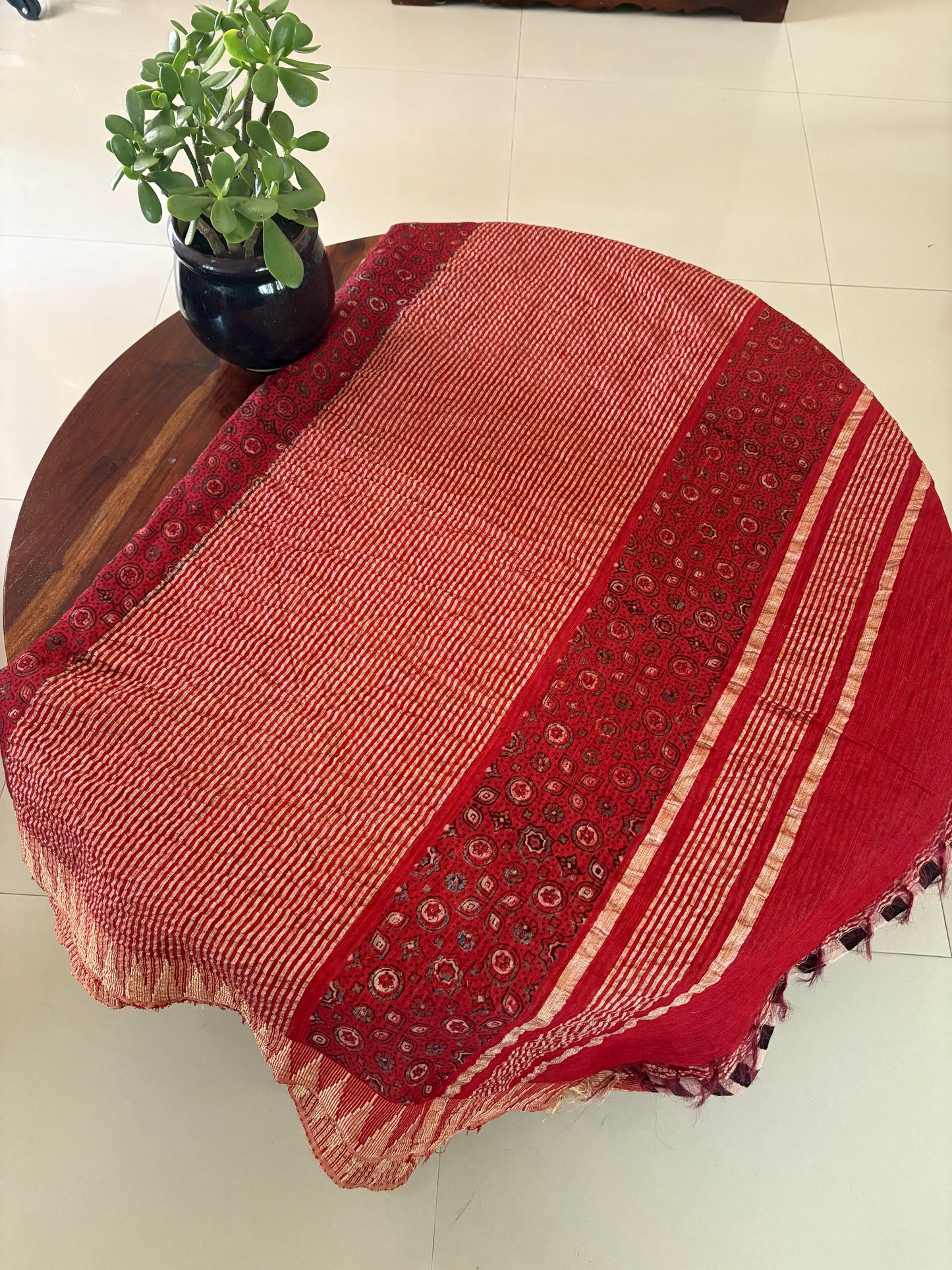 Linen Ajrakh Handblock printed saree