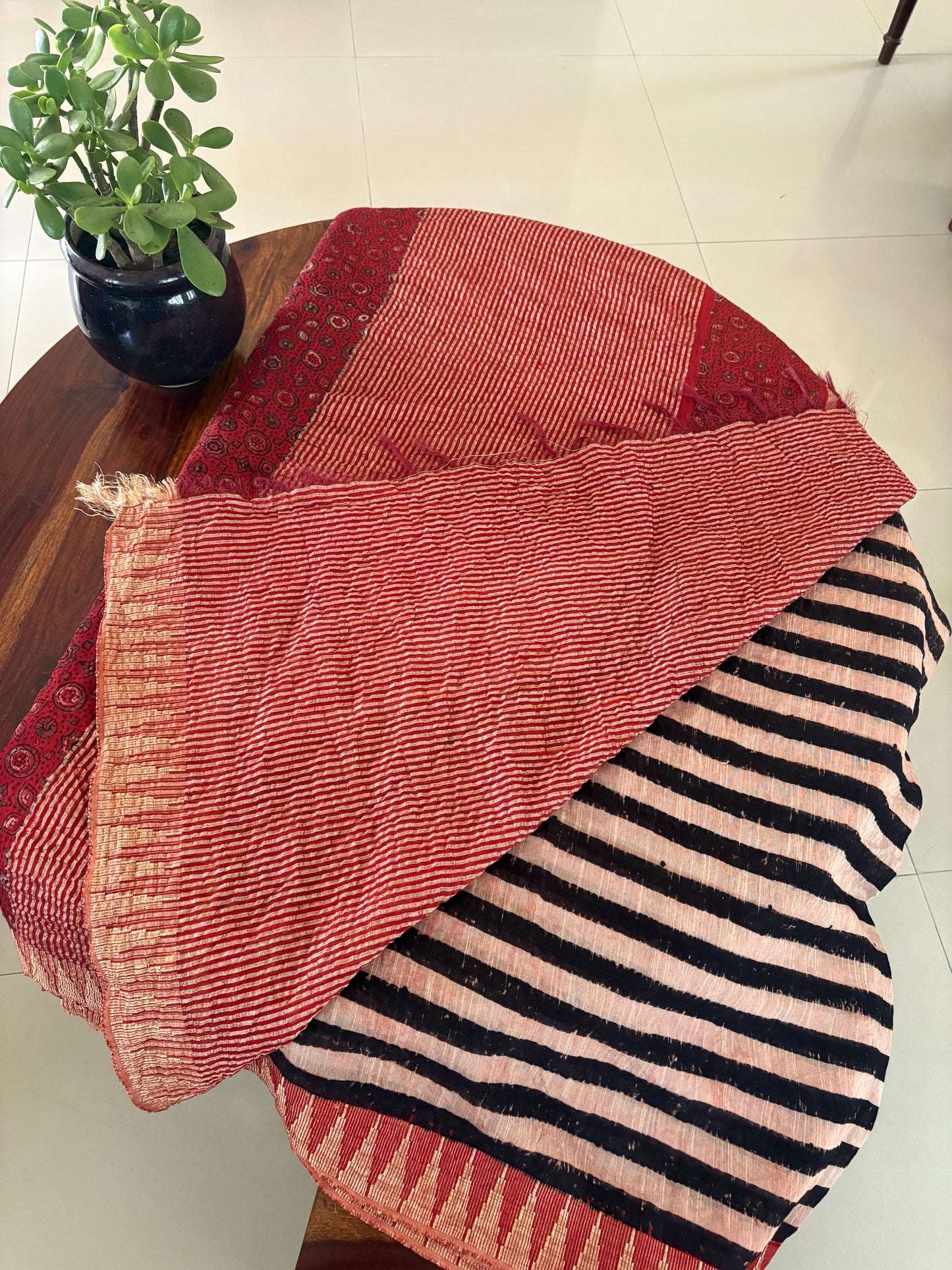 Linen Ajrakh Handblock printed saree